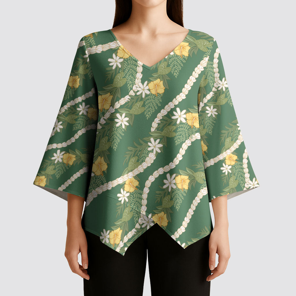 Hawaiian Pikake Maile Lei Kimono Sleeve Blouse Tiare Hibiscus Kalo Palapalai Leaf Green
