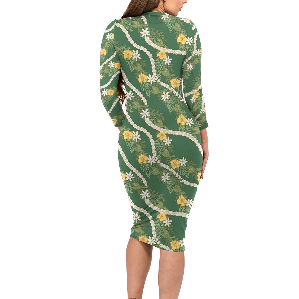 Hawaiian Pikake Maile Lei Long Sleeve Bodycon Dress Tiare Hibiscus Kalo Palapalai Leaf Green