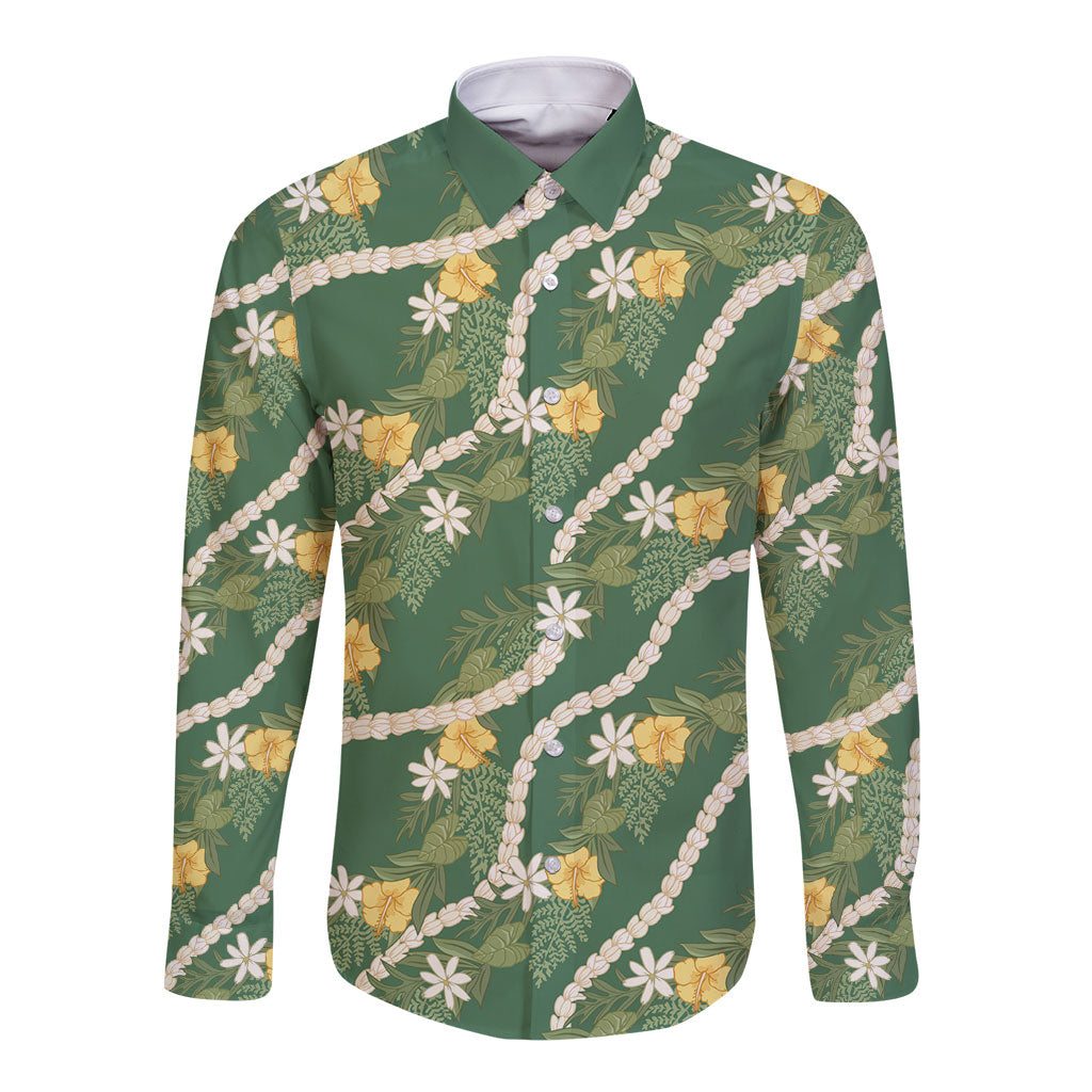 Hawaiian Pikake Maile Lei Long Sleeve Button Shirt Tiare Hibiscus Kalo Palapalai Leaf Green LT19 Unisex Green - Polynesian Pride