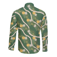 Hawaiian Pikake Maile Lei Long Sleeve Button Shirt Tiare Hibiscus Kalo Palapalai Leaf Green