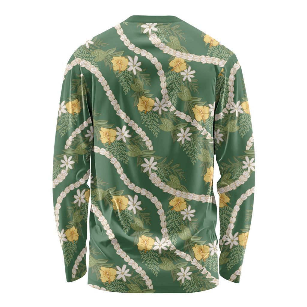 Hawaiian Pikake Maile Lei Long Sleeve Shirt Tiare Hibiscus Kalo Palapalai Leaf Green