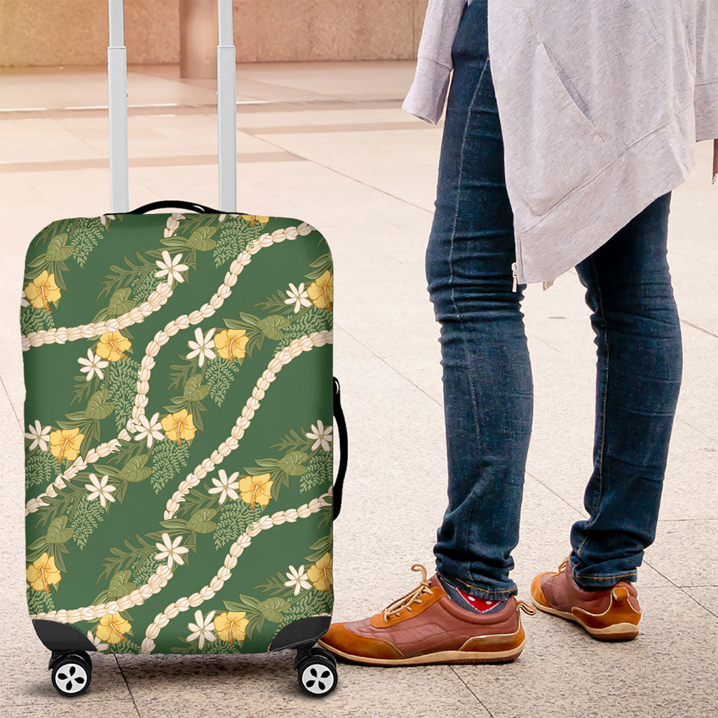 Hawaiian Pikake Maile Lei Luggage Cover Tiare Hibiscus Kalo Palapalai Leaf Green