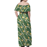 Hawaiian Pikake Maile Lei Off Shoulder Maxi Dress Tiare Hibiscus Kalo Palapalai Leaf Green