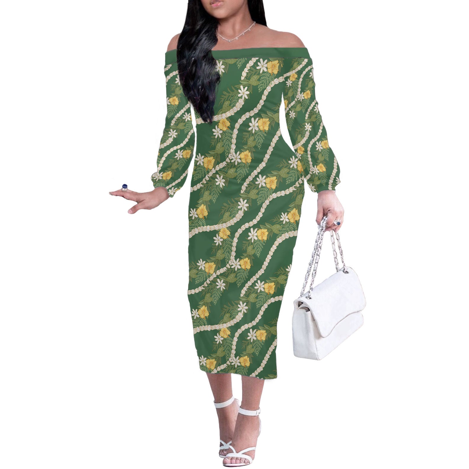 Hawaiian Pikake Maile Lei Off The Shoulder Long Sleeve Dress Tiare Hibiscus Kalo Palapalai Leaf Green