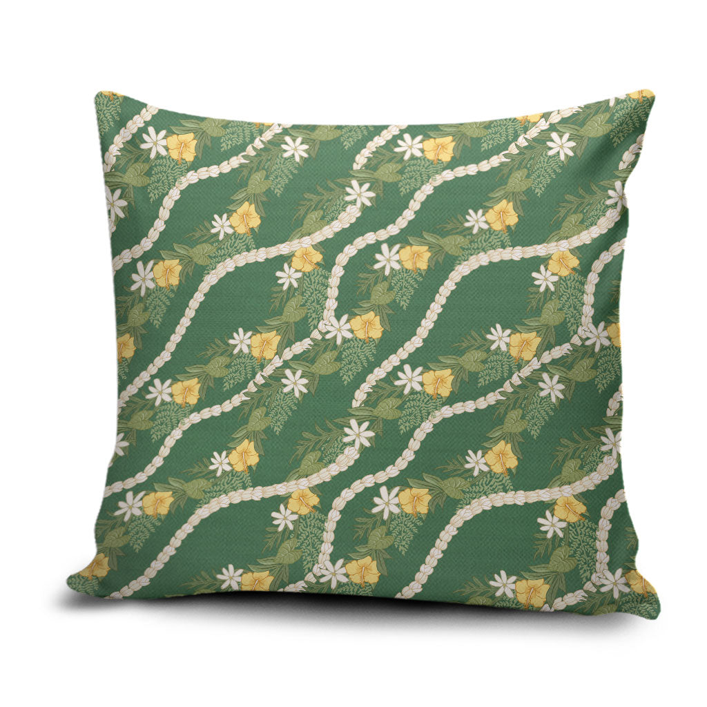 Hawaiian Pikake Maile Lei Pillow Cover Tiare Hibiscus Kalo Palapalai Leaf Green