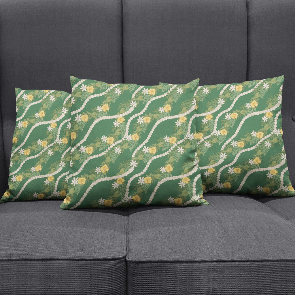 Hawaiian Pikake Maile Lei Pillow Cover Tiare Hibiscus Kalo Palapalai Leaf Green