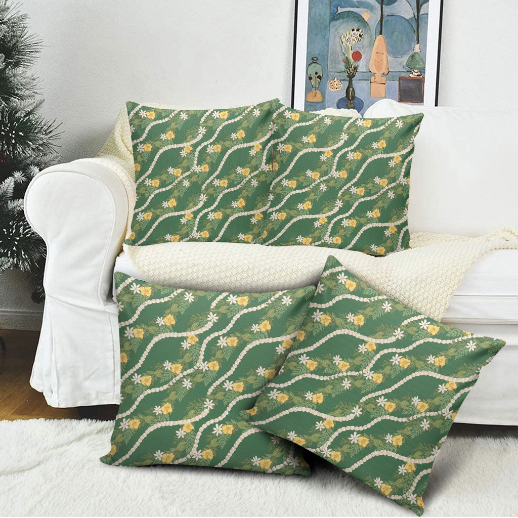 Hawaiian Pikake Maile Lei Pillow Cover Tiare Hibiscus Kalo Palapalai Leaf Green