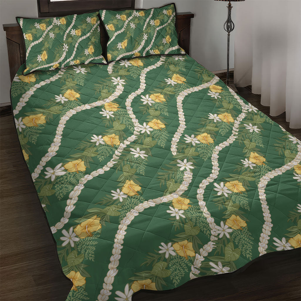Hawaiian Pikake Maile Lei Quilt Bed Set Tiare Hibiscus Kalo Palapalai Leaf Green