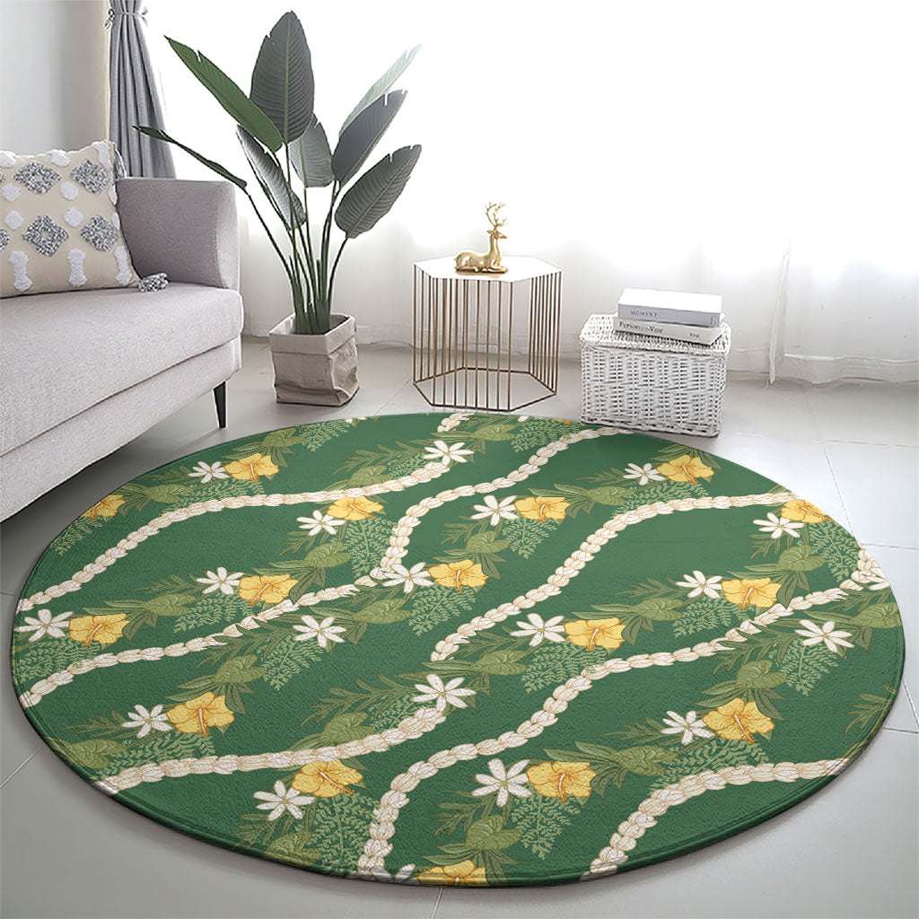 Hawaiian Pikake Maile Lei Round Carpet Tiare Hibiscus Kalo Palapalai Leaf Green LT19 - Polynesian Pride