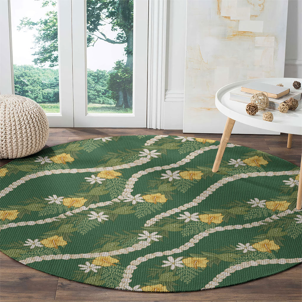 Hawaiian Pikake Maile Lei Round Carpet Tiare Hibiscus Kalo Palapalai Leaf Green LT19 - Polynesian Pride