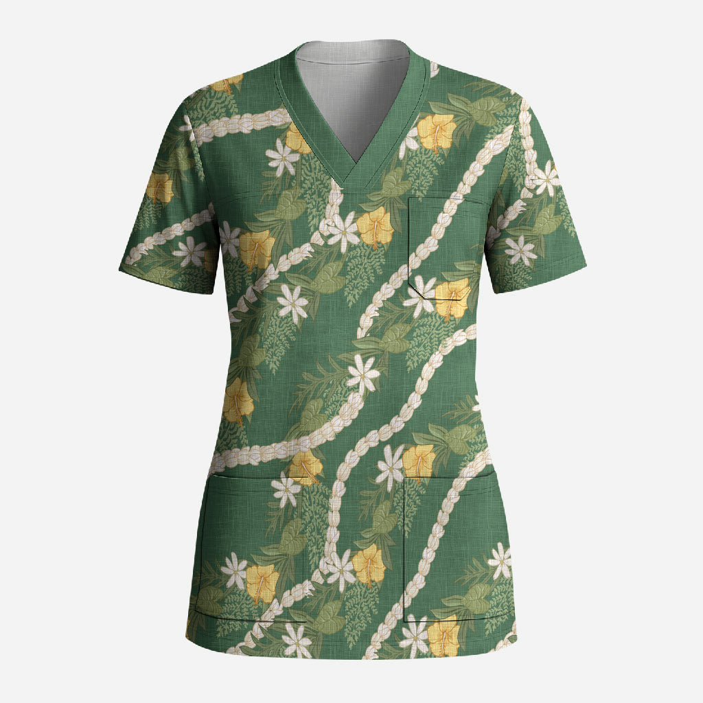Hawaiian Pikake Maile Lei Scrub Top Tiare Hibiscus Kalo Palapalai Leaf Green LT19 Adult Green - Polynesian Pride