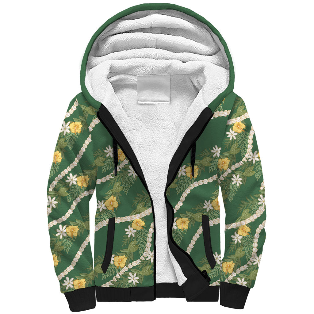 Hawaiian Pikake Maile Lei Sherpa Hoodie Tiare Hibiscus Kalo Palapalai Leaf Green