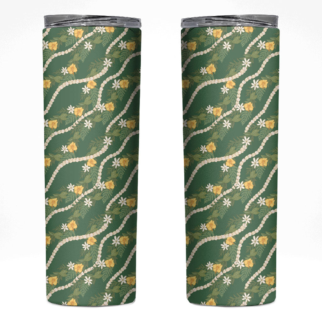 Hawaiian Pikake Maile Lei Skinny Tumbler Tiare Hibiscus Kalo Palapalai Leaf Green LT19 Green - Polynesian Pride