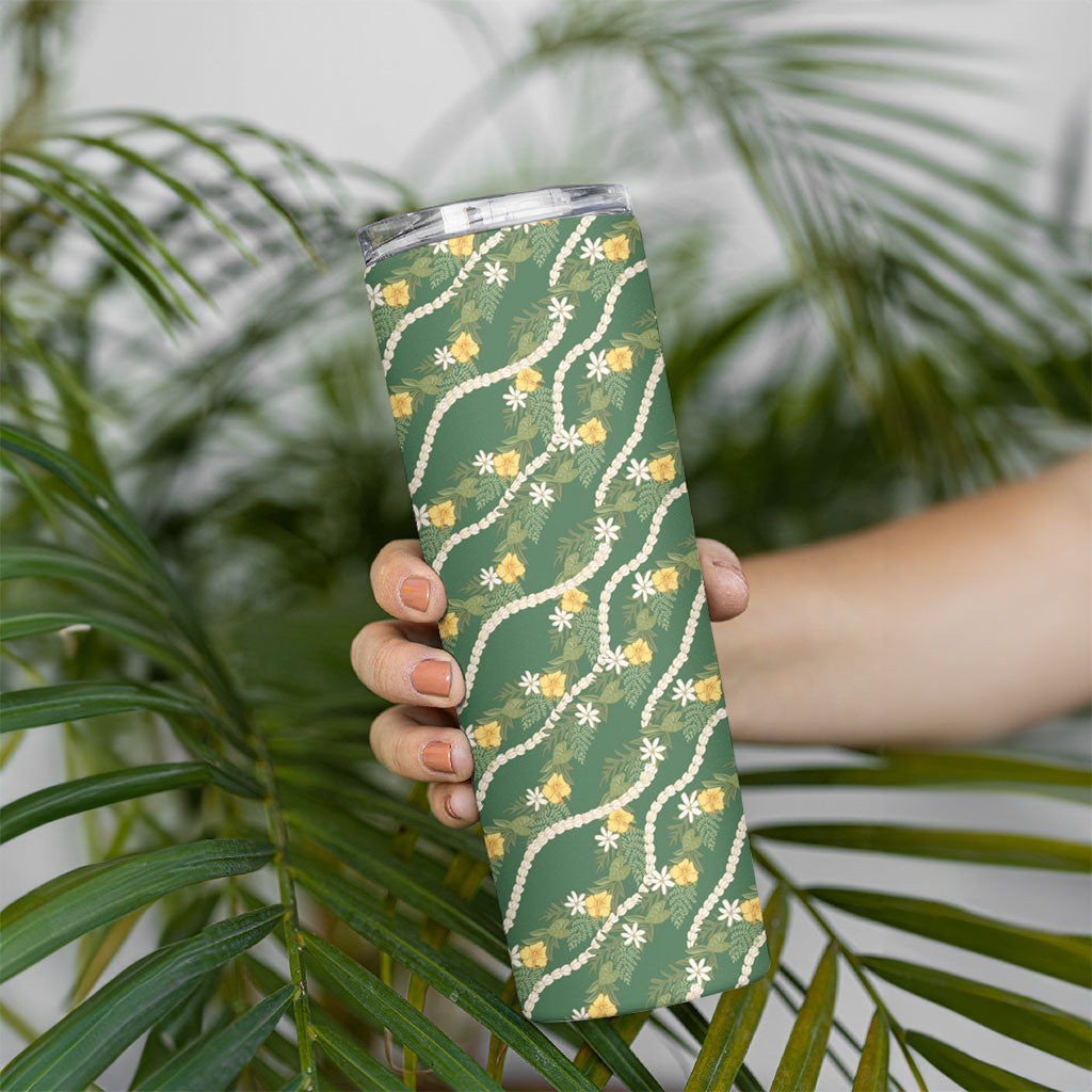 Hawaiian Pikake Maile Lei Skinny Tumbler Tiare Hibiscus Kalo Palapalai Leaf Green