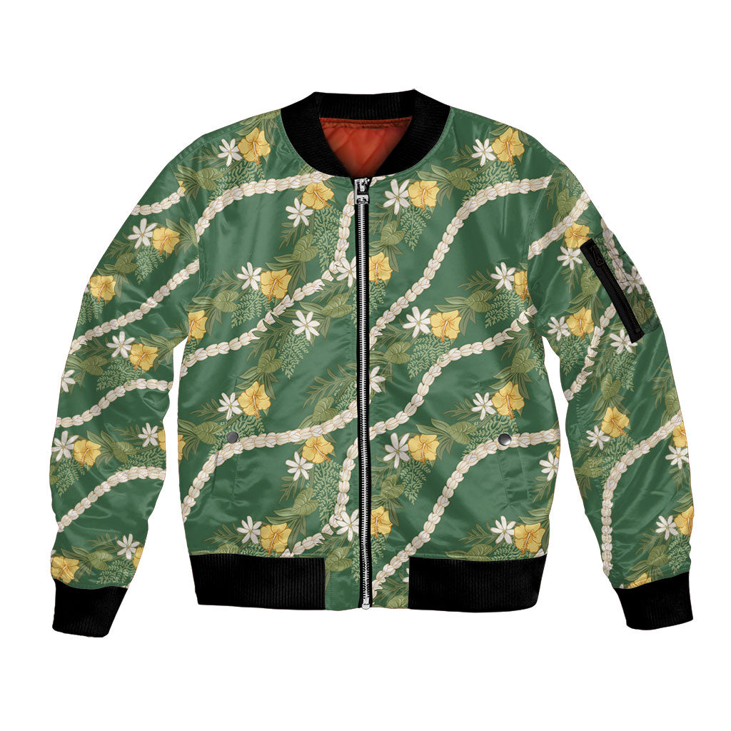 Hawaiian Pikake Maile Lei Sleeve Zip Bomber Jacket Tiare Hibiscus Kalo Palapalai Leaf Green LT19 Unisex Green - Polynesian Pride