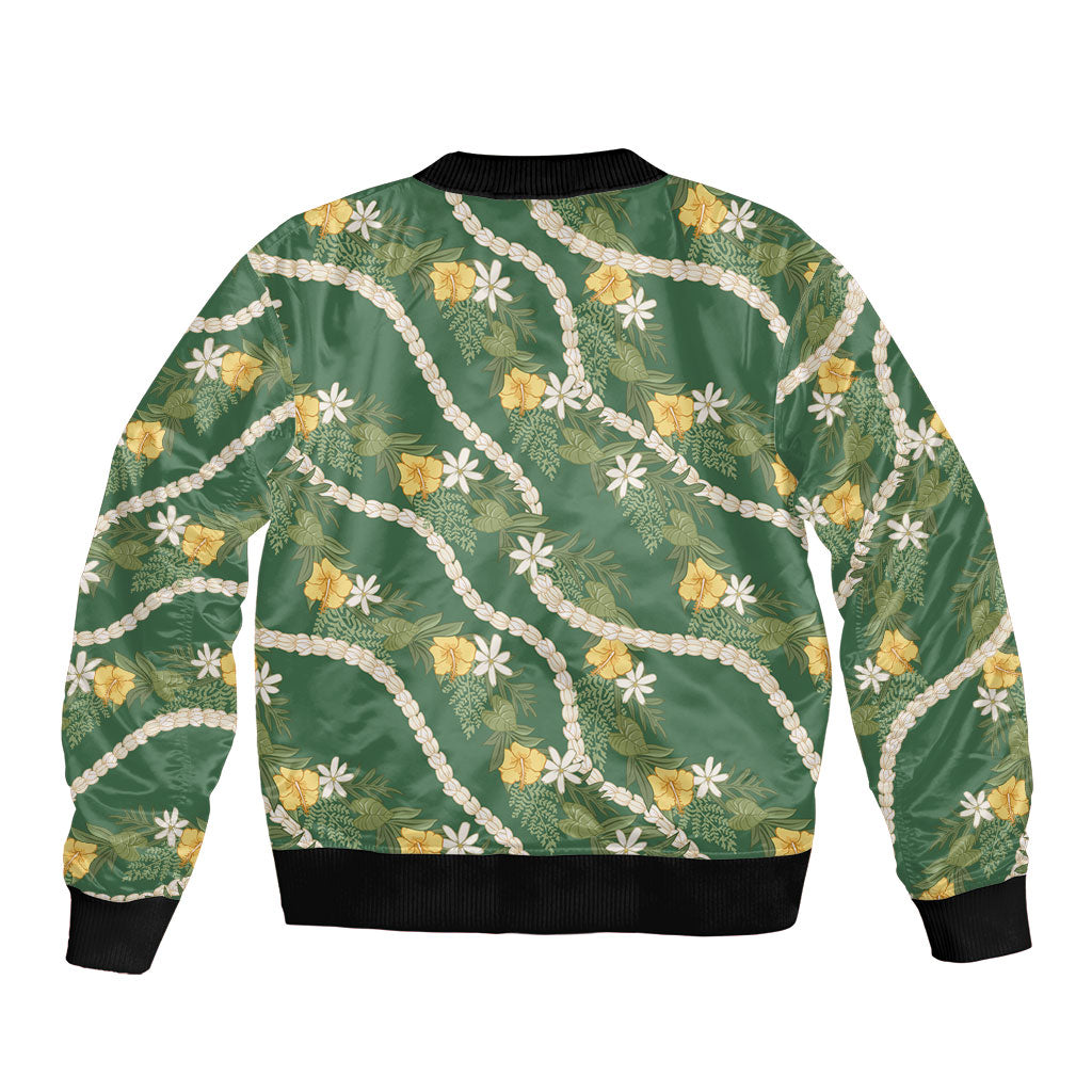 Hawaiian Pikake Maile Lei Sleeve Zip Bomber Jacket Tiare Hibiscus Kalo Palapalai Leaf Green LT19 - Polynesian Pride