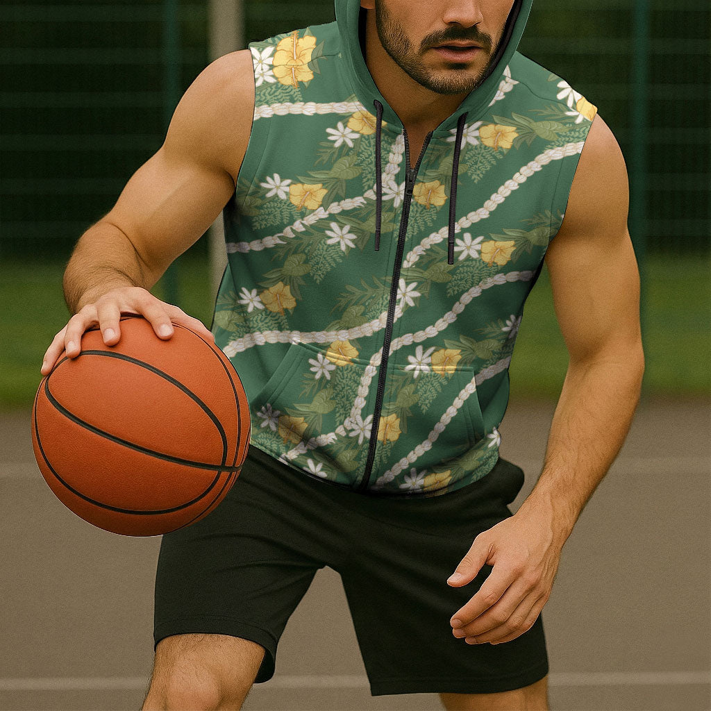 Hawaiian Pikake Maile Lei Sleeveless Zip Hoodie Tiare Hibiscus Kalo Palapalai Leaf Green