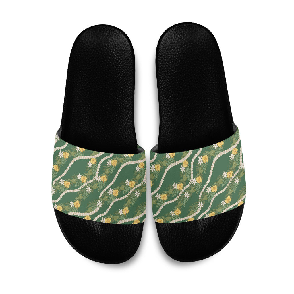 Hawaiian Pikake Maile Lei Slide Sandals Tiare Hibiscus Kalo Palapalai Leaf Green LT19 Green - Polynesian Pride