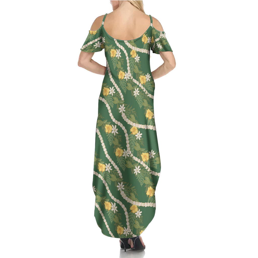 Hawaiian Pikake Maile Lei Summer Maxi Dress Tiare Hibiscus Kalo Palapalai Leaf Green