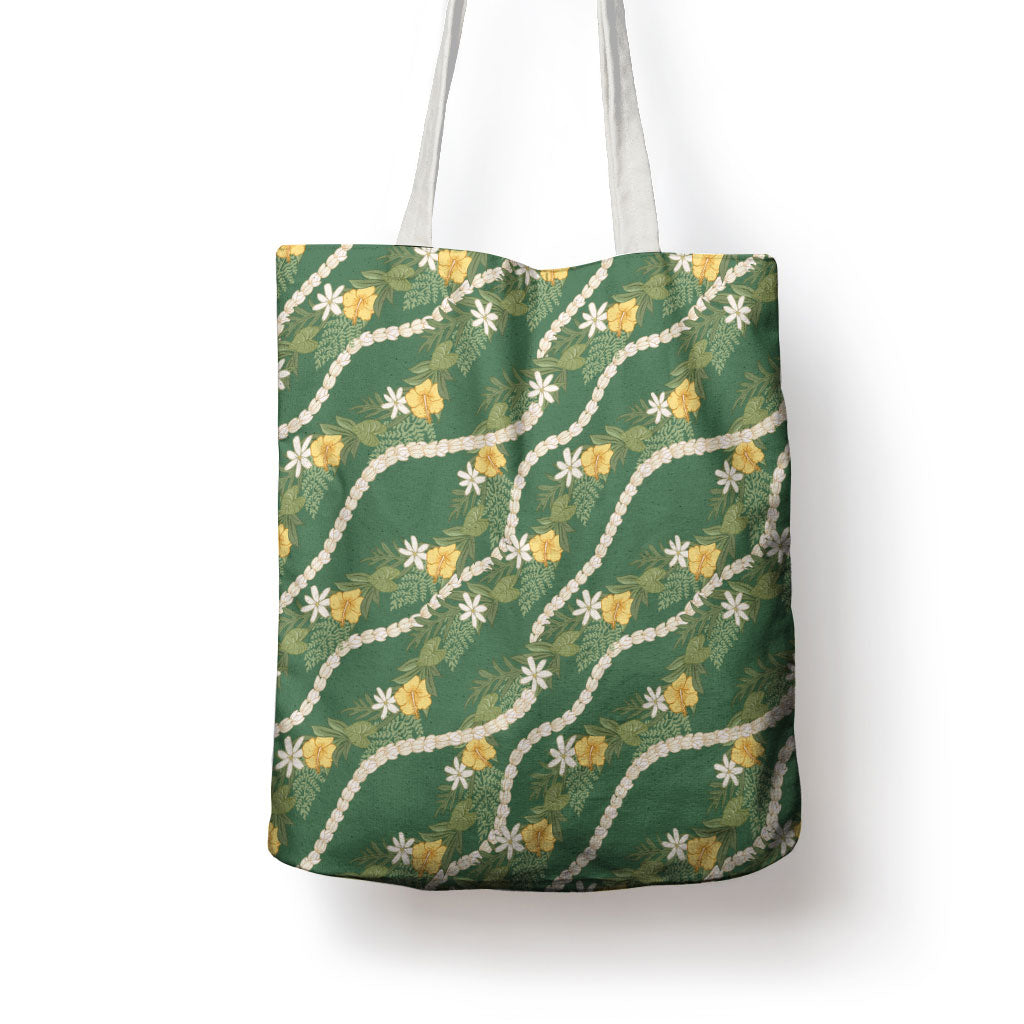 Hawaiian Pikake Maile Lei Tote Bag Tiare Hibiscus Kalo Palapalai Leaf Green