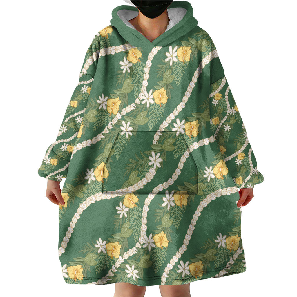 Hawaiian Pikake Maile Lei Wearable Blanket Hoodie Tiare Hibiscus Kalo Palapalai Leaf Green