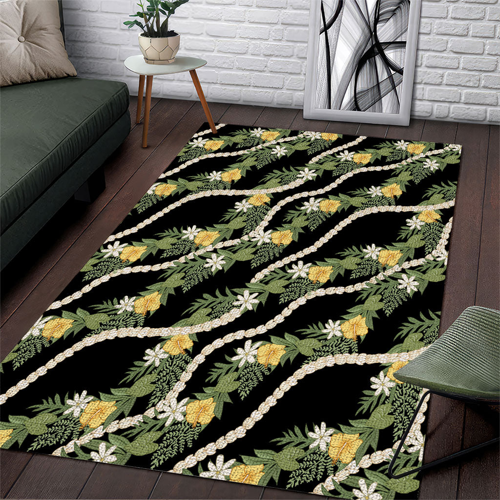 Hawaiian Pikake Maile Lei Area Rug Tiare Hibiscus Kalo Palapalai Leaf Black