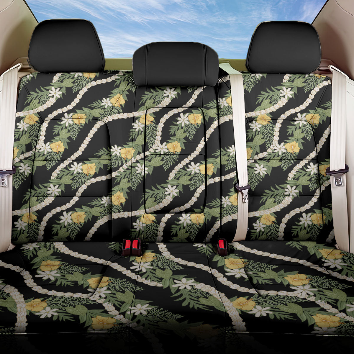 Hawaiian Pikake Maile Lei Back Car Seat Cover Tiare Hibiscus Kalo Palapalai Leaf Black