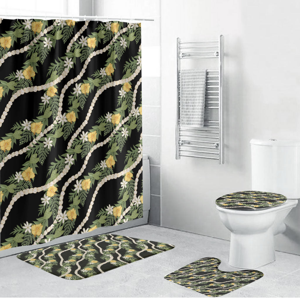 Hawaiian Pikake Maile Lei Bathroom Set Tiare Hibiscus Kalo Palapalai Leaf Black
