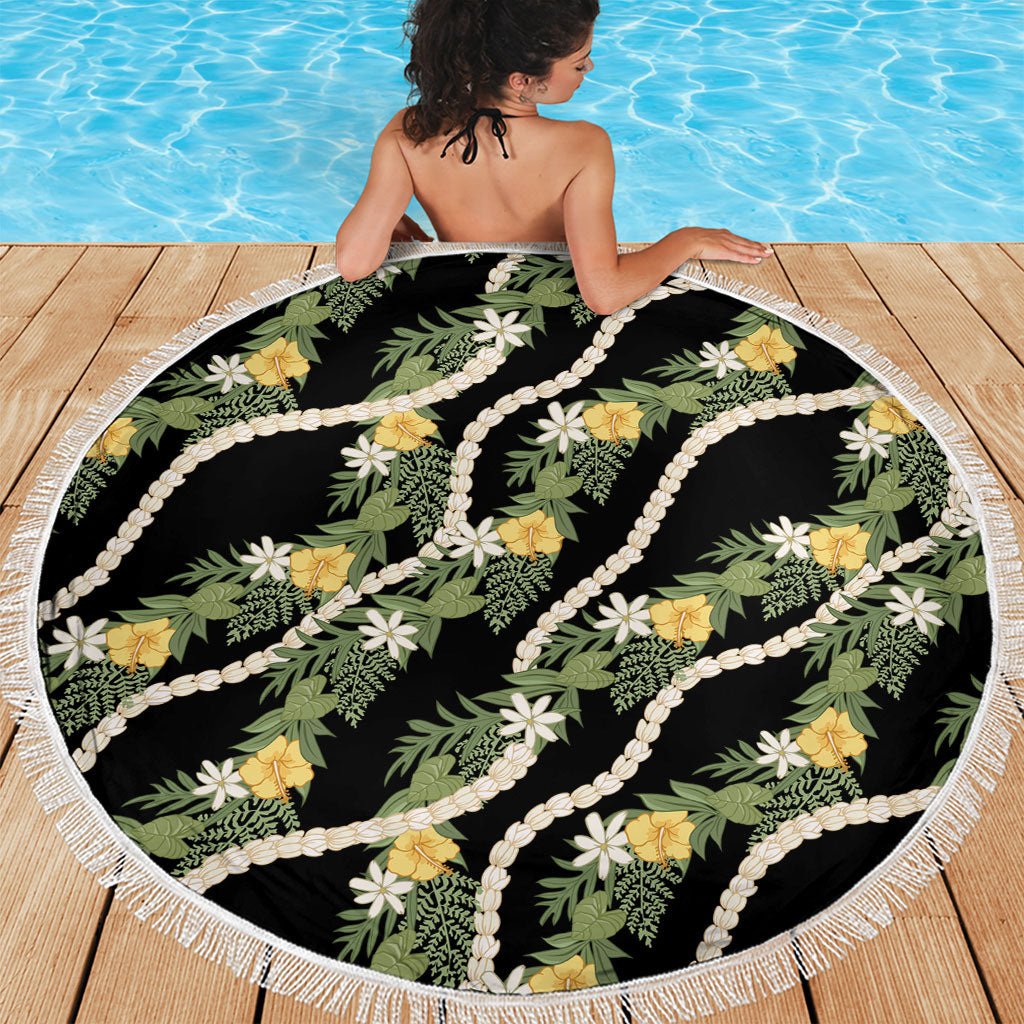 Hawaiian Pikake Maile Lei Beach Blanket Tiare Hibiscus Kalo Palapalai Leaf Black