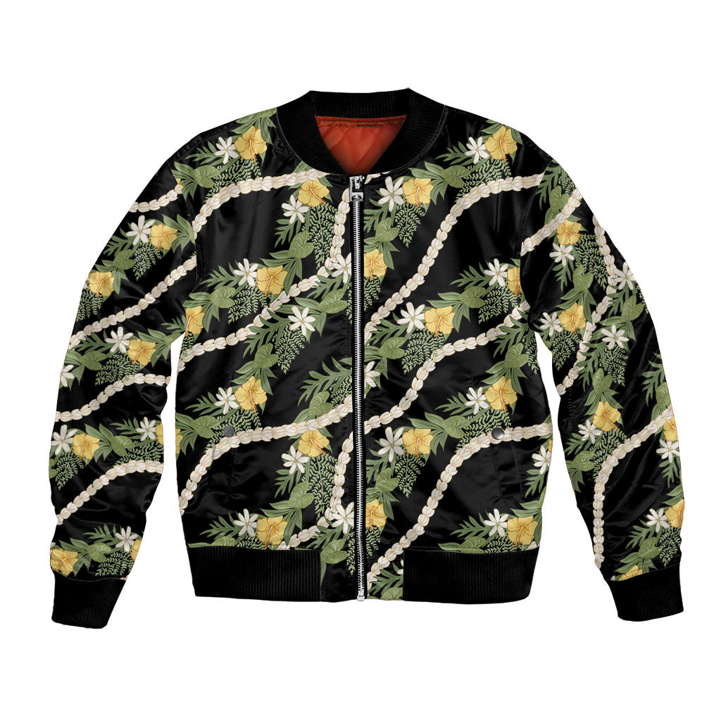 Hawaiian Pikake Maile Lei Bomber Jacket Tiare Hibiscus Kalo Palapalai Leaf Black LT19 Unisex Black - Polynesian Pride