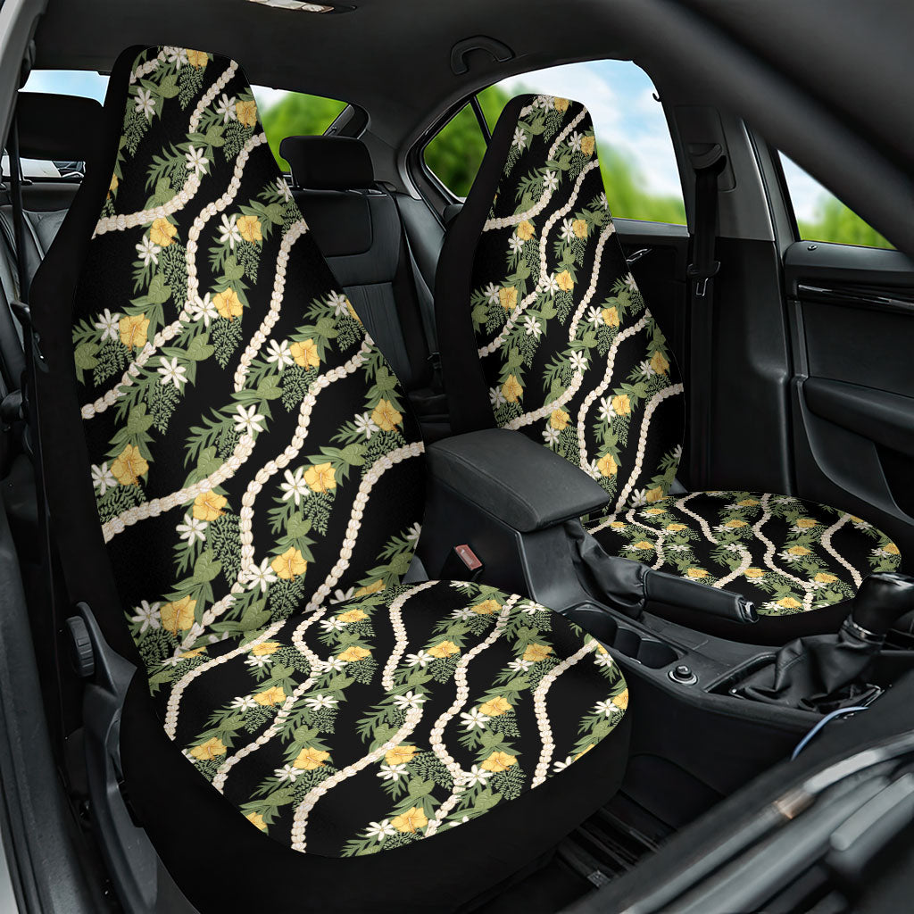 Hawaiian Pikake Maile Lei Car Seat Cover Tiare Hibiscus Kalo Palapalai Leaf Black