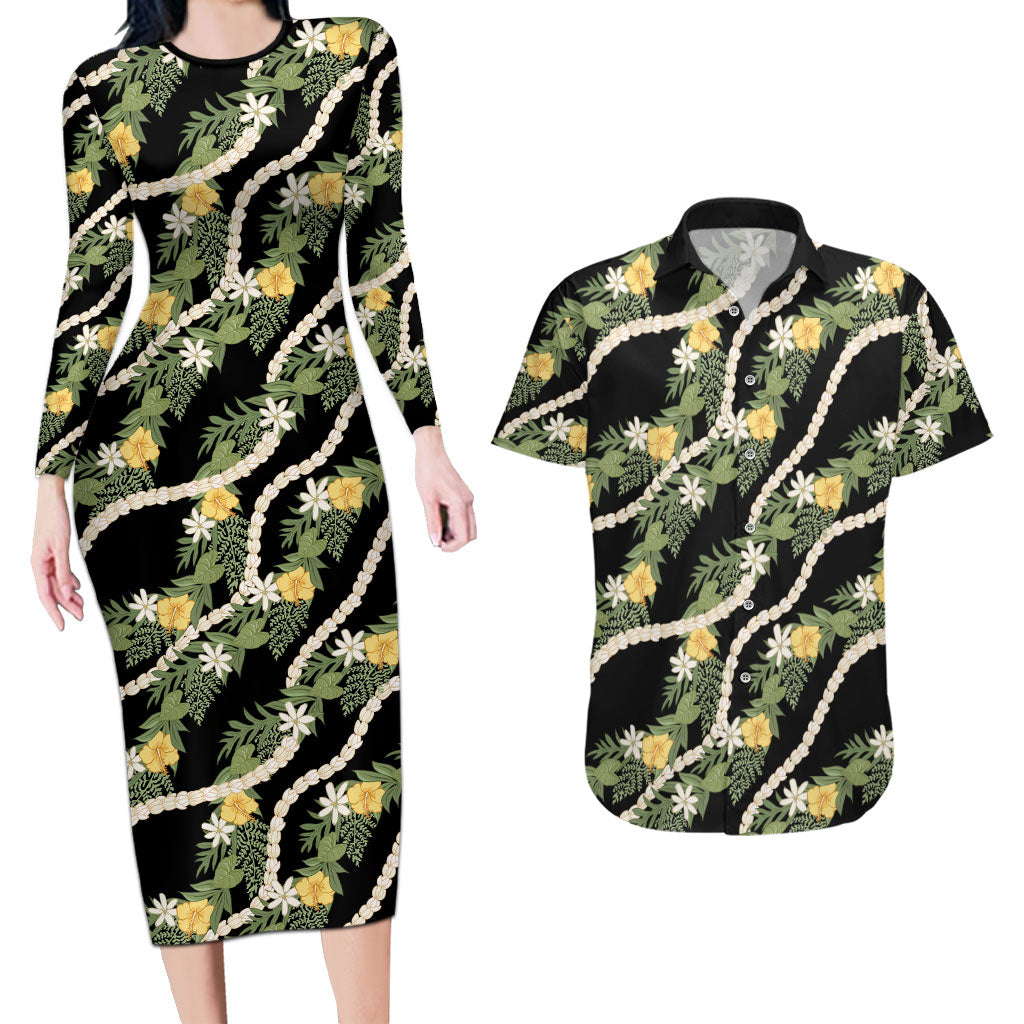 Hawaiian Pikake Maile Lei Couples Matching Long Sleeve Bodycon Dress and Hawaiian Shirt Tiare Hibiscus Kalo Palapalai Leaf Black LT19 Black - Polynesian Pride