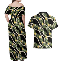 Hawaiian Pikake Maile Lei Couples Matching Off Shoulder Maxi Dress and Hawaiian Shirt Tiare Hibiscus Kalo Palapalai Leaf Black