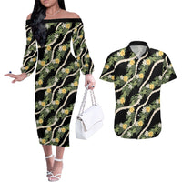 Hawaiian Pikake Maile Lei Couples Matching Off The Shoulder Long Sleeve Dress and Hawaiian Shirt Tiare Hibiscus Kalo Palapalai Leaf Black