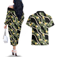 Hawaiian Pikake Maile Lei Couples Matching Off The Shoulder Long Sleeve Dress and Hawaiian Shirt Tiare Hibiscus Kalo Palapalai Leaf Black