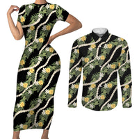Hawaiian Pikake Maile Lei Couples Matching Short Sleeve Bodycon Dress and Long Sleeve Button Shirt Tiare Hibiscus Kalo Palapalai Leaf Black