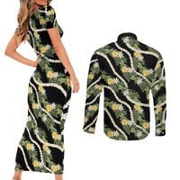 Hawaiian Pikake Maile Lei Couples Matching Short Sleeve Bodycon Dress and Long Sleeve Button Shirt Tiare Hibiscus Kalo Palapalai Leaf Black