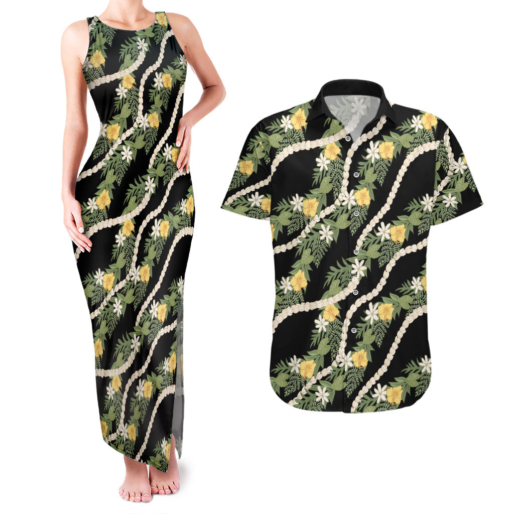 Hawaiian Pikake Maile Lei Couples Matching Tank Maxi Dress and Hawaiian Shirt Tiare Hibiscus Kalo Palapalai Leaf Black