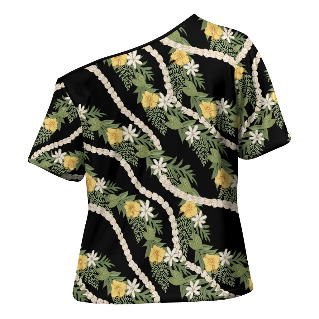 Hawaiian Pikake Maile Lei Cross Shoulder Shirt Tiare Hibiscus Kalo Palapalai Leaf Black