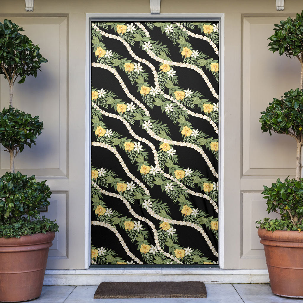 Hawaiian Pikake Maile Lei Door Cover Tiare Hibiscus Kalo Palapalai Leaf Black LT19 Black - Polynesian Pride