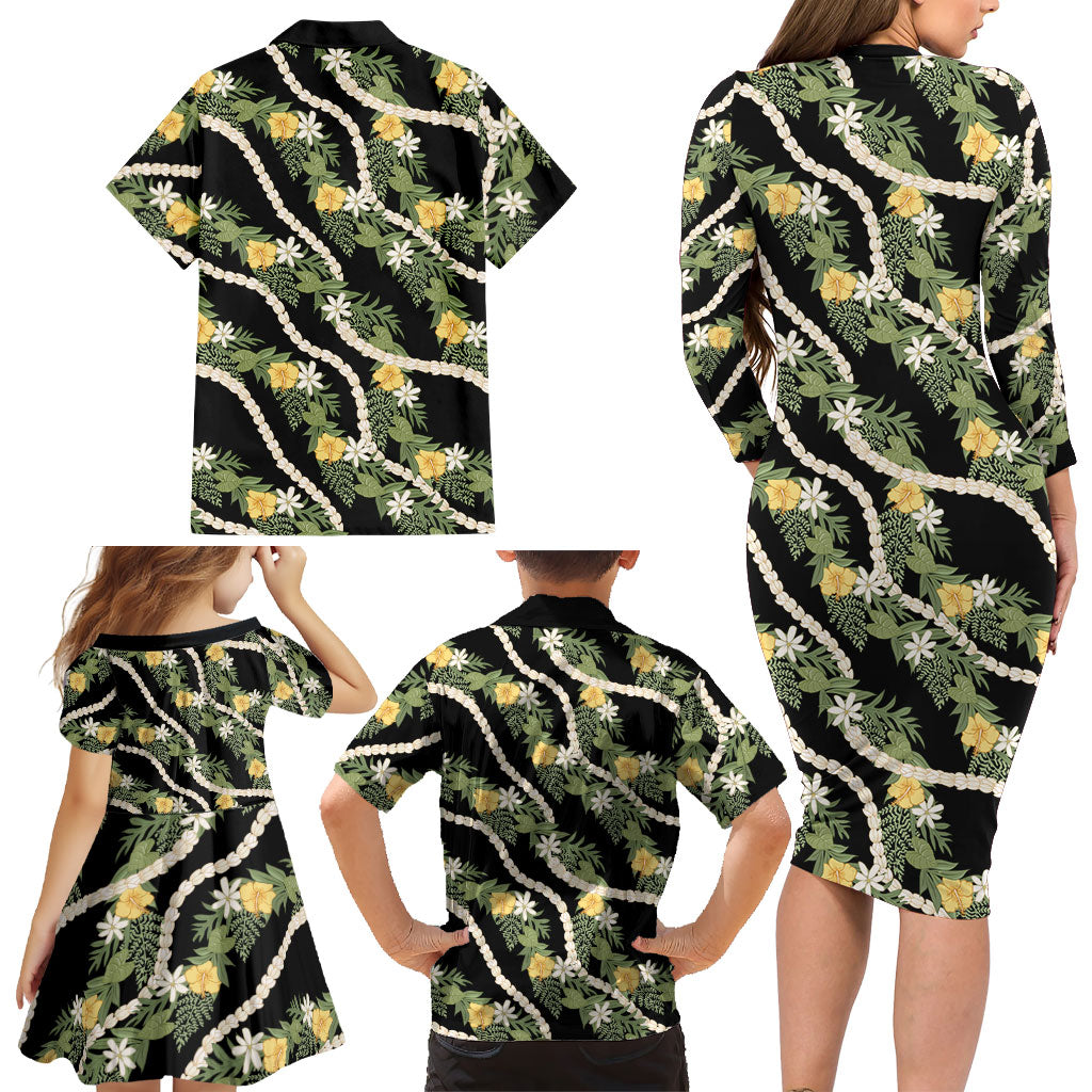 Hawaiian Pikake Maile Lei Family Matching Long Sleeve Bodycon Dress and Hawaiian Shirt Tiare Hibiscus Kalo Palapalai Leaf Black