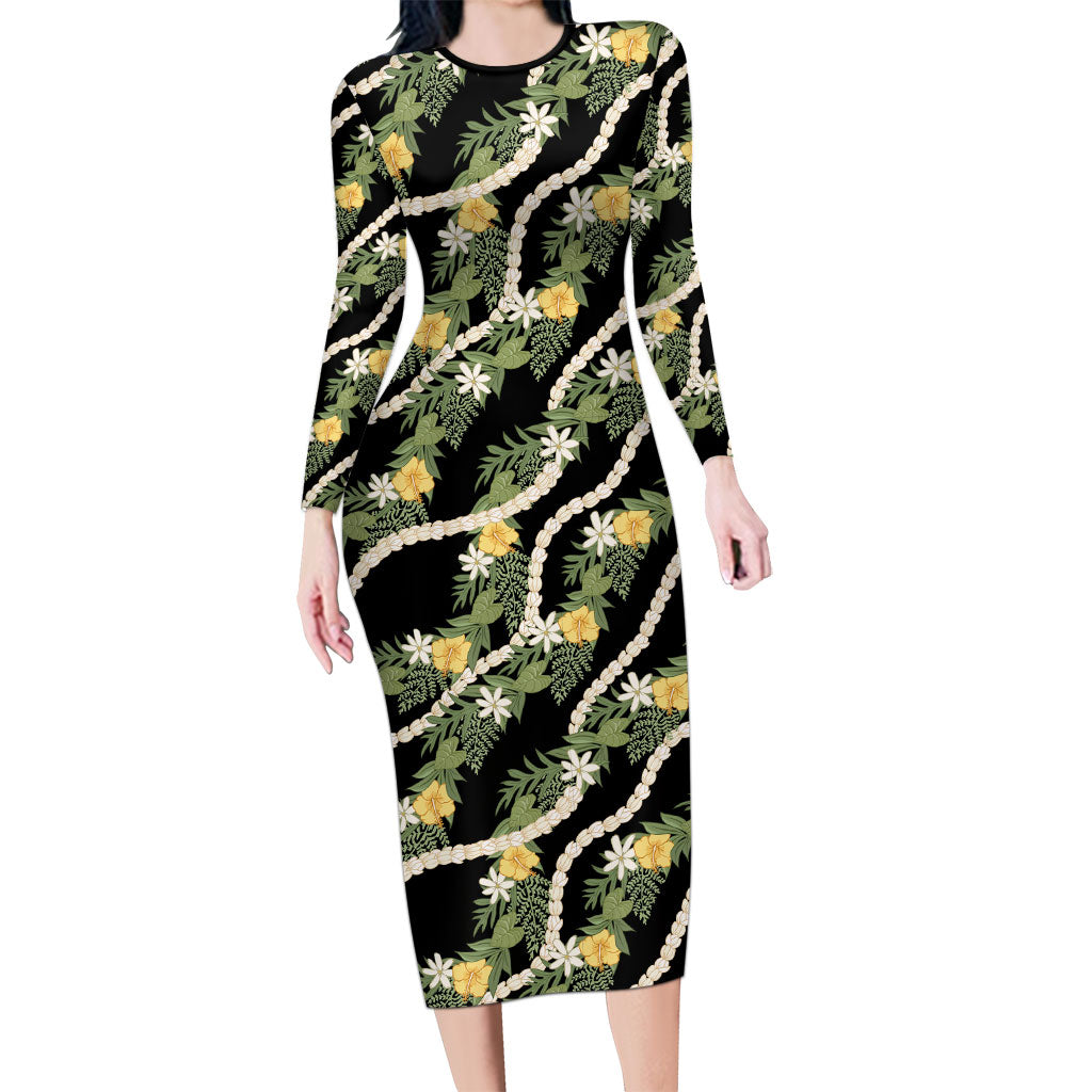 Hawaiian Pikake Maile Lei Family Matching Long Sleeve Bodycon Dress and Hawaiian Shirt Tiare Hibiscus Kalo Palapalai Leaf Black