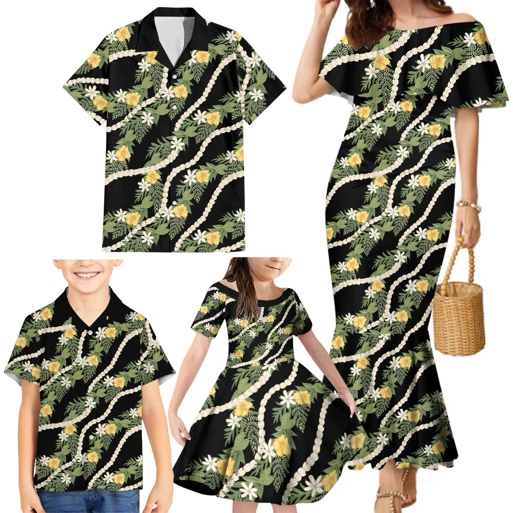 Hawaiian Pikake Maile Lei Family Matching Mermaid Dress and Hawaiian Shirt Tiare Hibiscus Kalo Palapalai Leaf Black