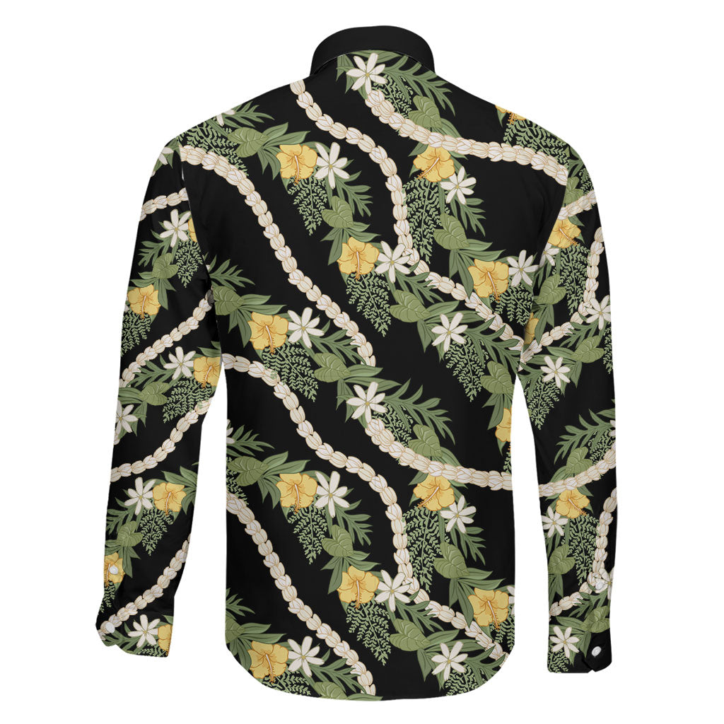 Hawaiian Pikake Maile Lei Family Matching Mermaid Dress and Hawaiian Shirt Tiare Hibiscus Kalo Palapalai Leaf Black