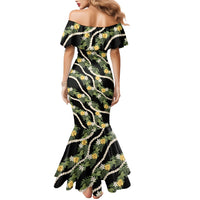 Hawaiian Pikake Maile Lei Family Matching Mermaid Dress and Hawaiian Shirt Tiare Hibiscus Kalo Palapalai Leaf Black