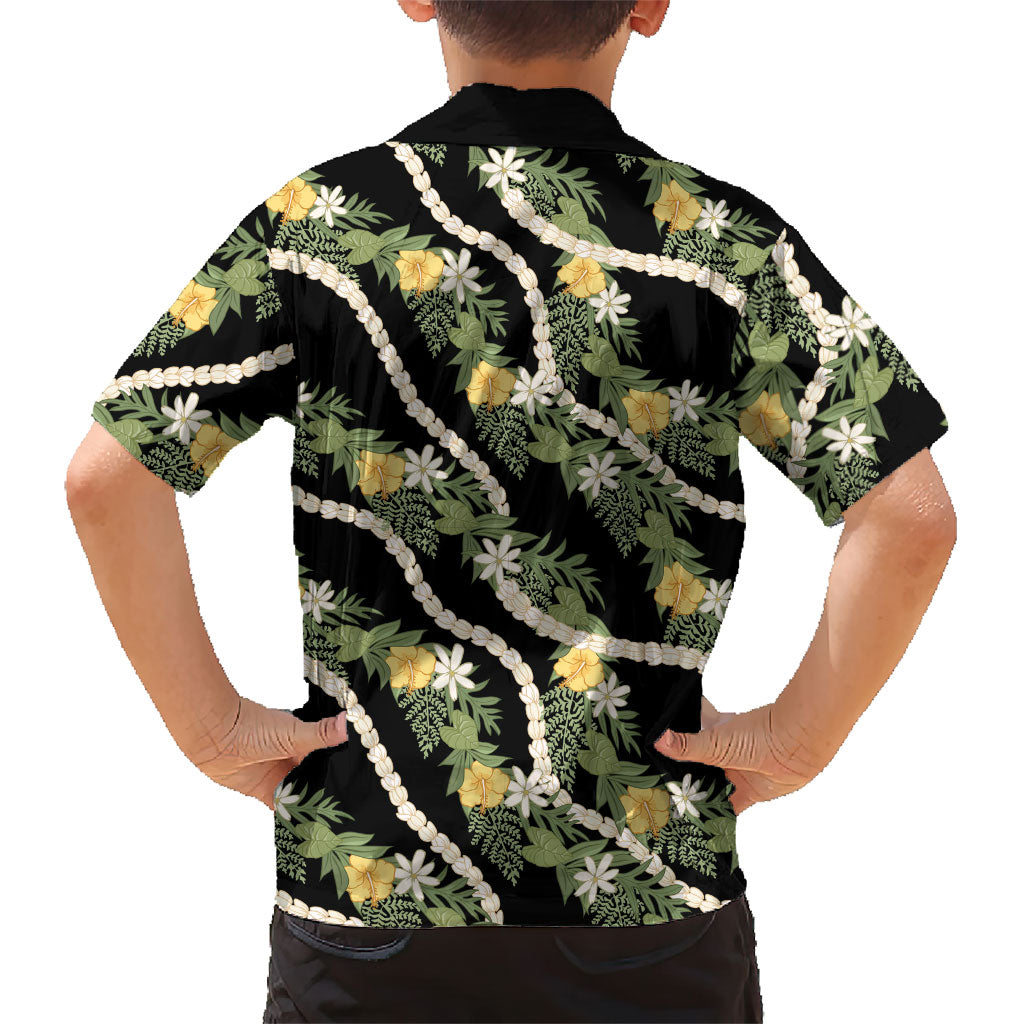 Hawaiian Pikake Maile Lei Family Matching Off The Shoulder Long Sleeve Dress and Hawaiian Shirt Tiare Hibiscus Kalo Palapalai Leaf Black