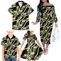 Hawaiian Pikake Maile Lei Family Matching Off The Shoulder Long Sleeve Dress and Hawaiian Shirt Tiare Hibiscus Kalo Palapalai Leaf Black