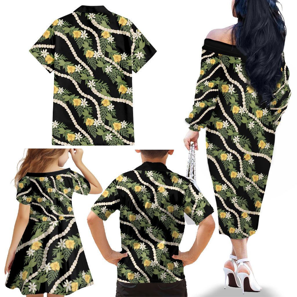 Hawaiian Pikake Maile Lei Family Matching Off The Shoulder Long Sleeve Dress and Hawaiian Shirt Tiare Hibiscus Kalo Palapalai Leaf Black