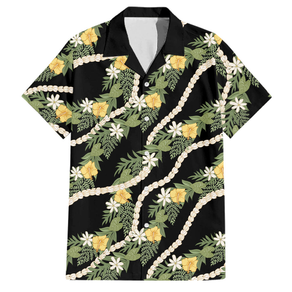 Hawaiian Pikake Maile Lei Family Matching Off The Shoulder Long Sleeve Dress and Hawaiian Shirt Tiare Hibiscus Kalo Palapalai Leaf Black
