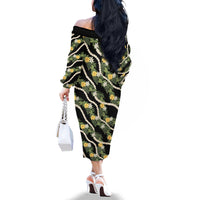 Hawaiian Pikake Maile Lei Family Matching Off The Shoulder Long Sleeve Dress and Hawaiian Shirt Tiare Hibiscus Kalo Palapalai Leaf Black